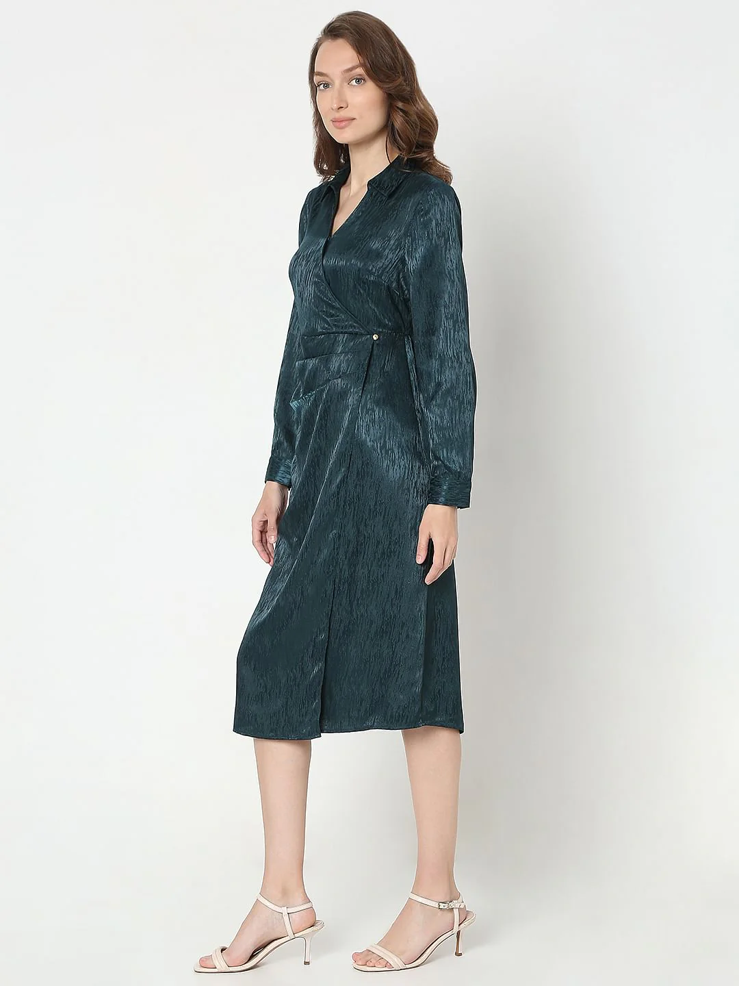 Dark Green Mock Wrap Midi Dress - Image 3