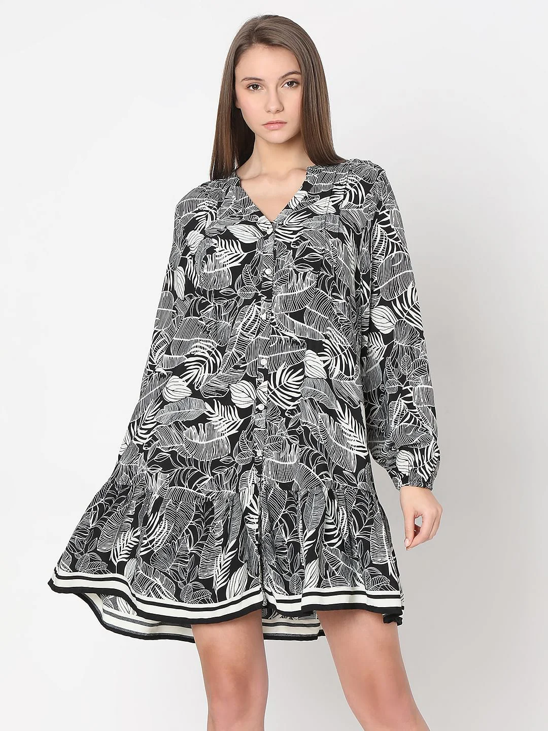 Black Leaf Printed Shift Dress - Image 2