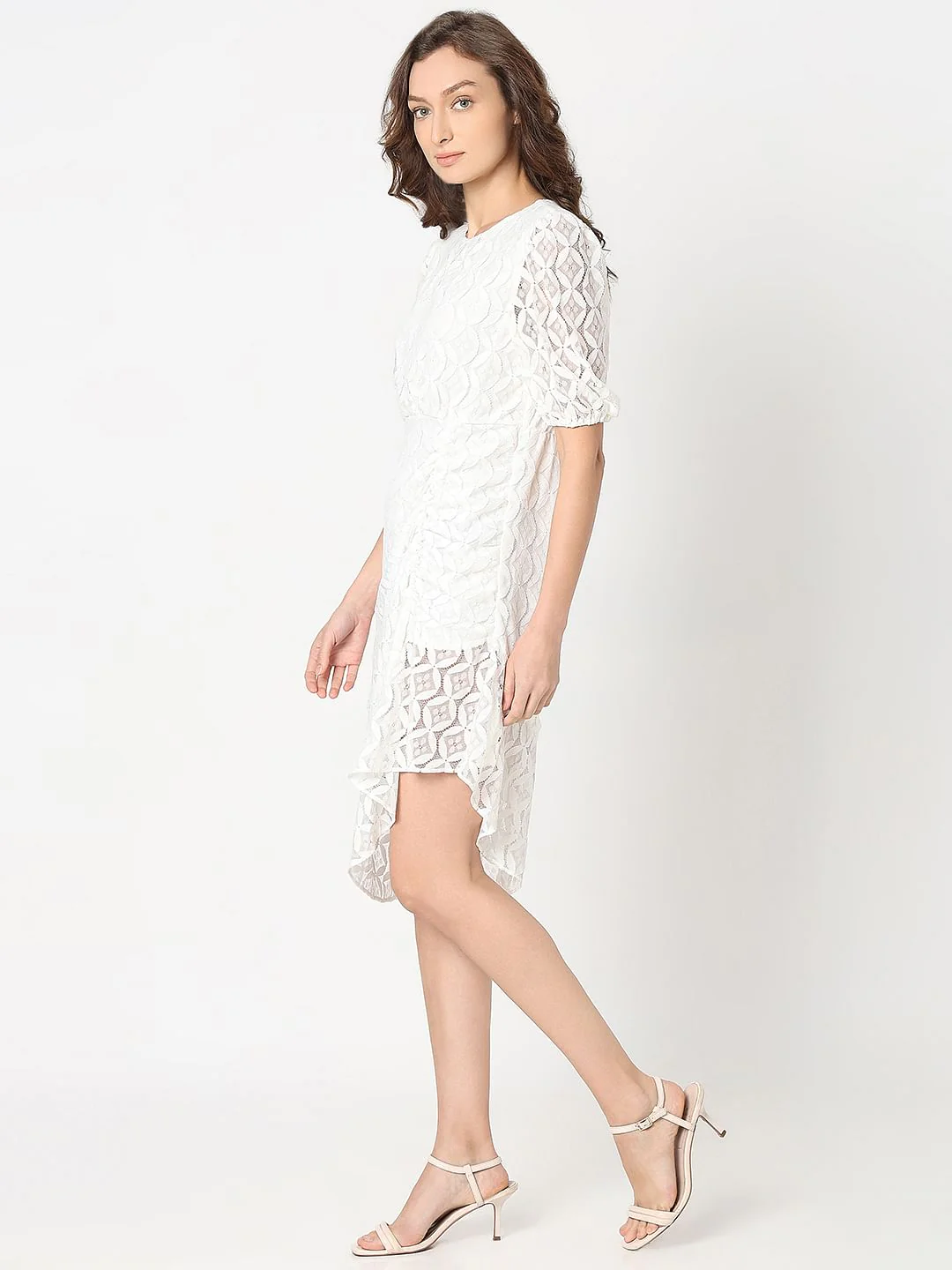 White Lace Asymmetric Dress - Image 3