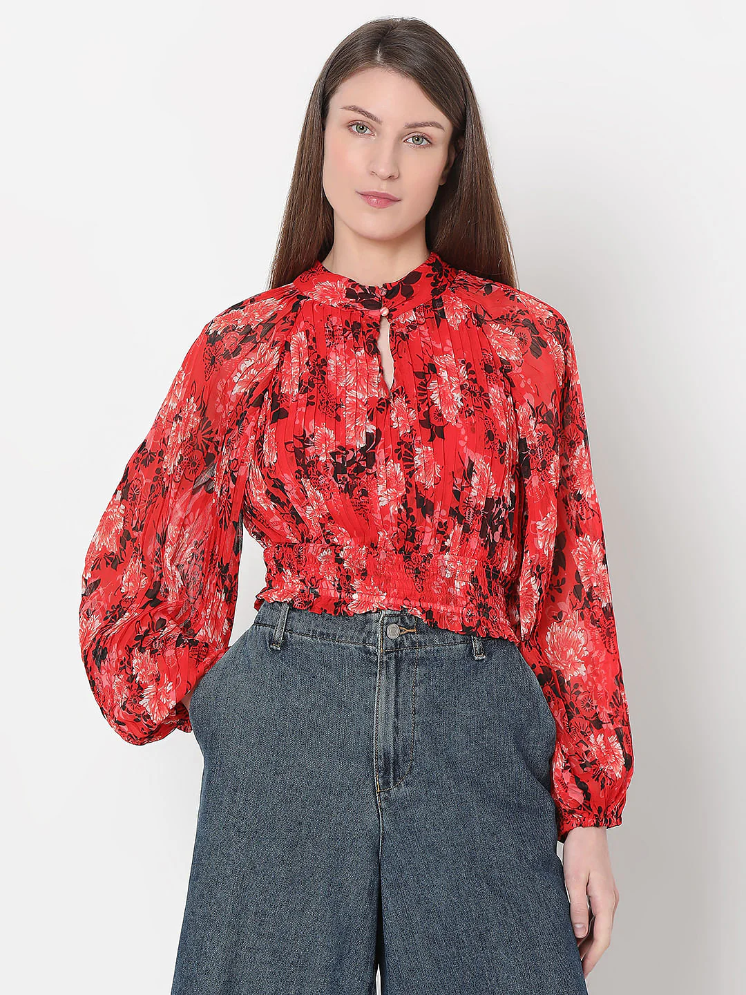 Red Floral Pleated Crop Top - Image 2