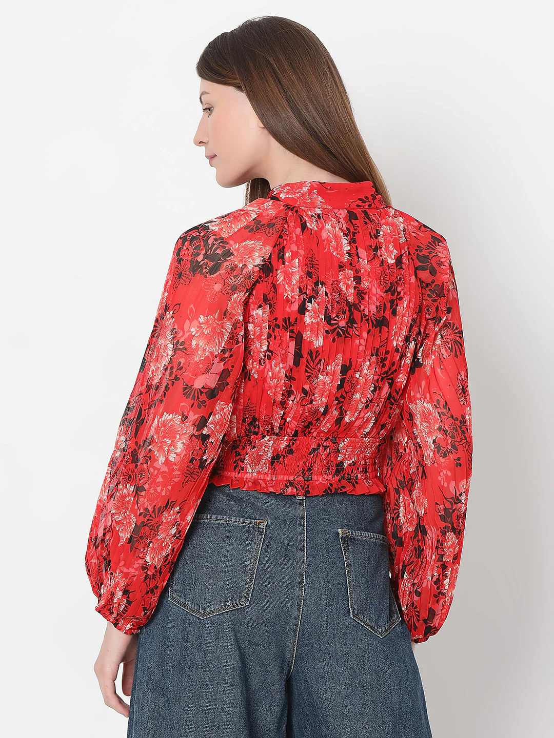 Red Floral Pleated Crop Top - Image 4