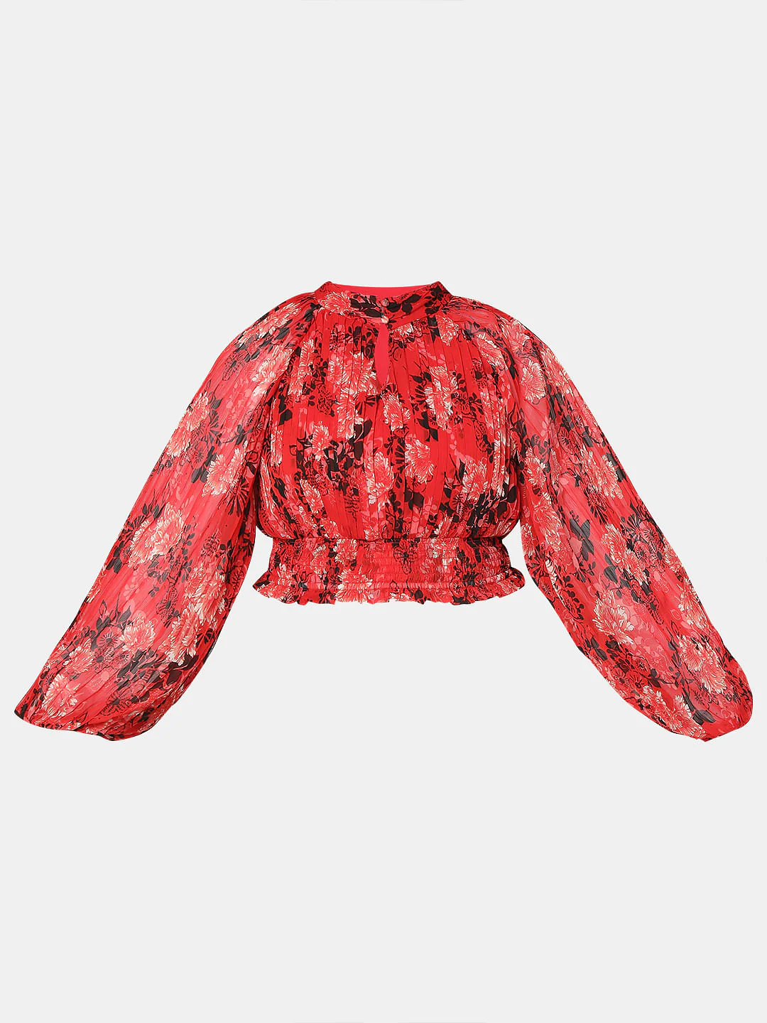 Red Floral Pleated Crop Top - Image 7