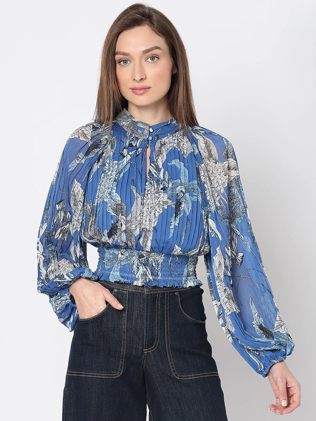 Blue Floral Pleated Top - Image 2