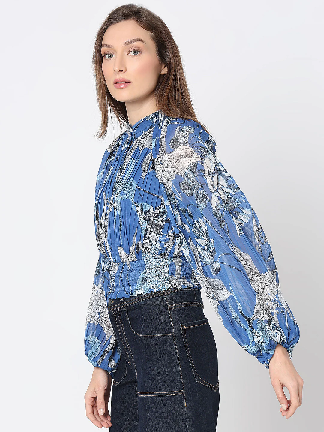 Blue Floral Pleated Top - Image 3
