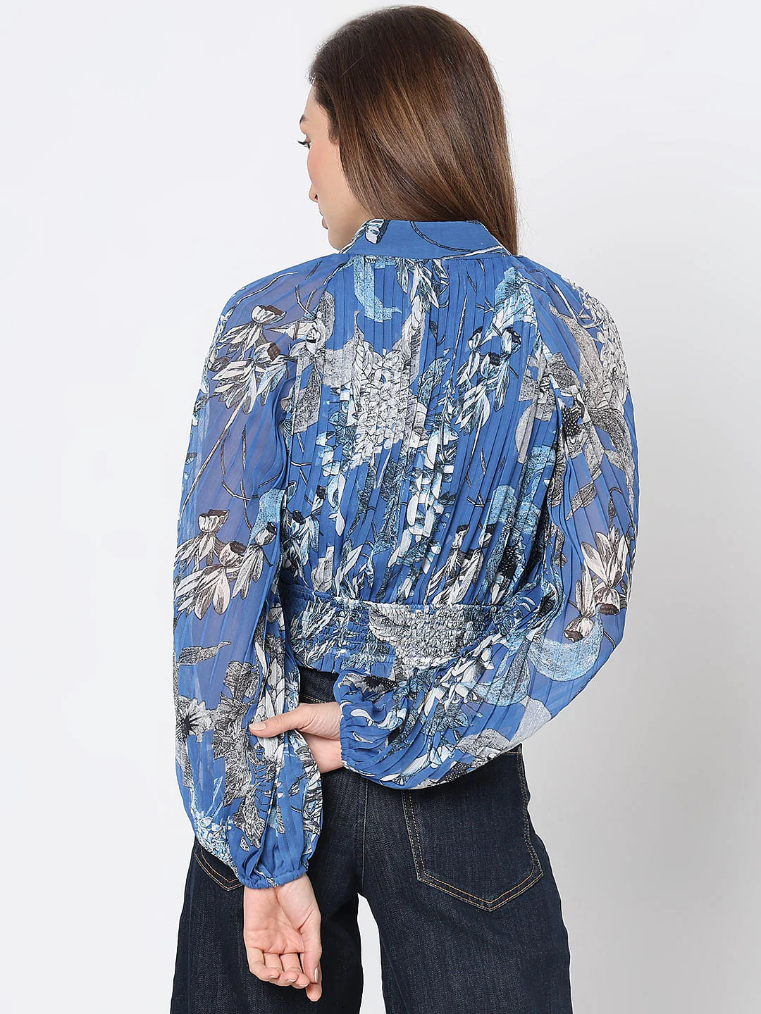 Blue Floral Pleated Top - Image 4
