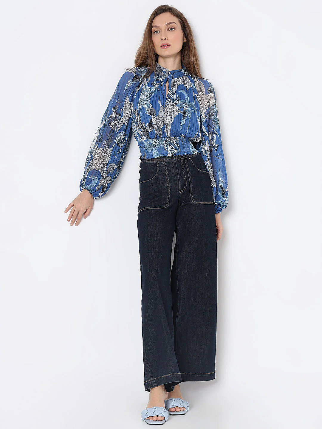 Blue Floral Pleated Top - Image 5