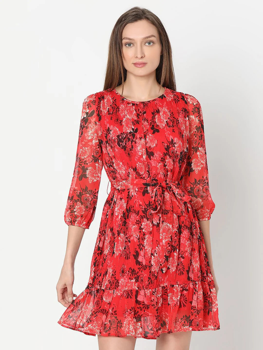 Red Floral Pleated Dress - Image 2