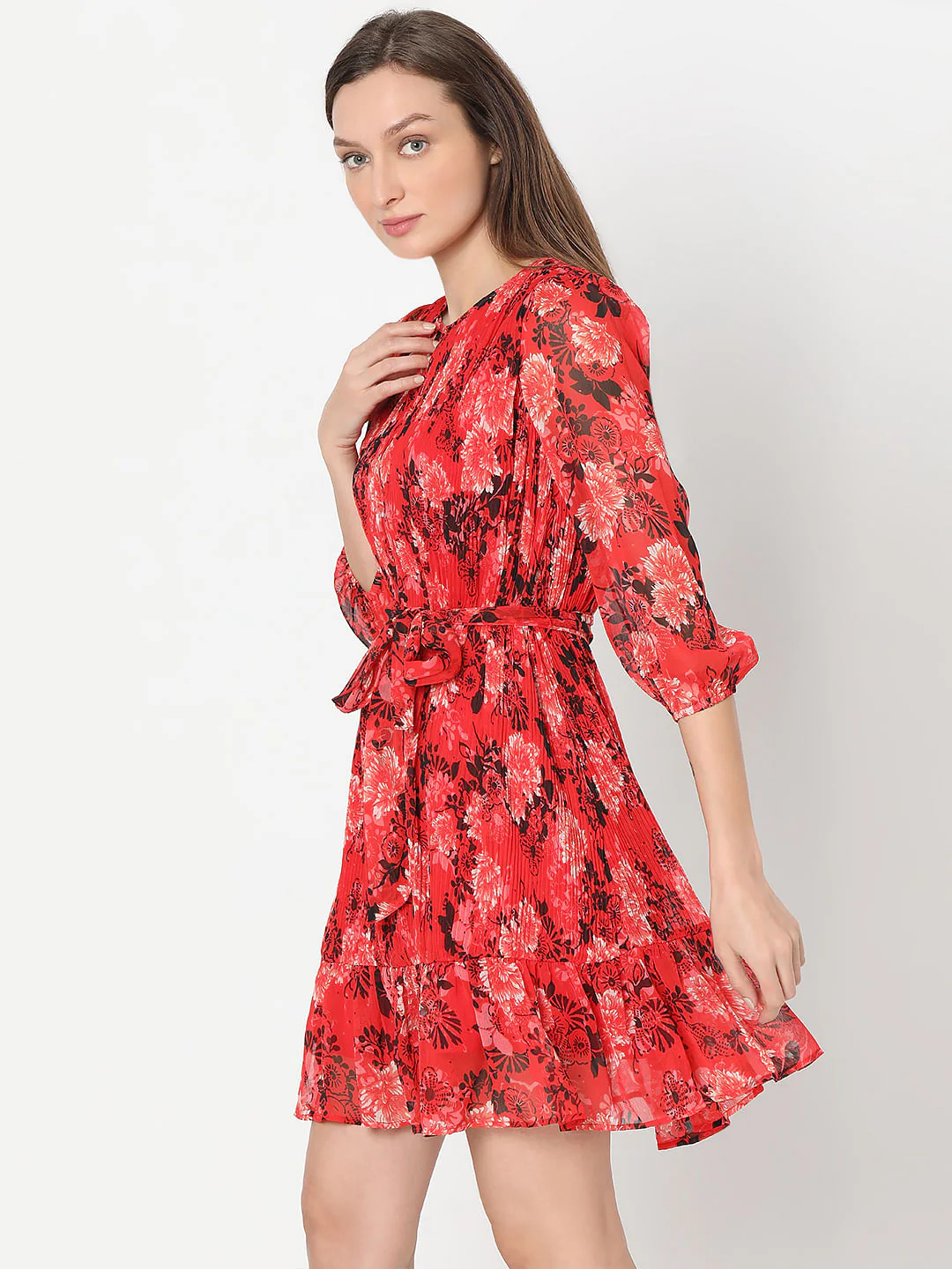 Red Floral Pleated Dress - Image 3