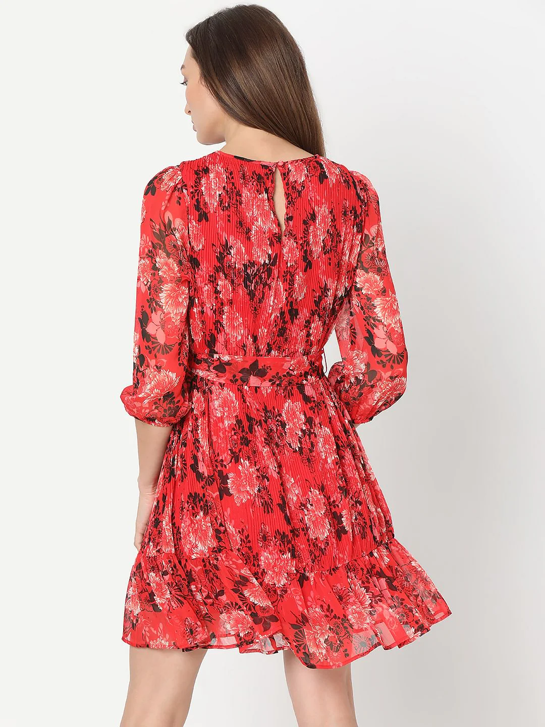 Red Floral Pleated Dress - Image 4