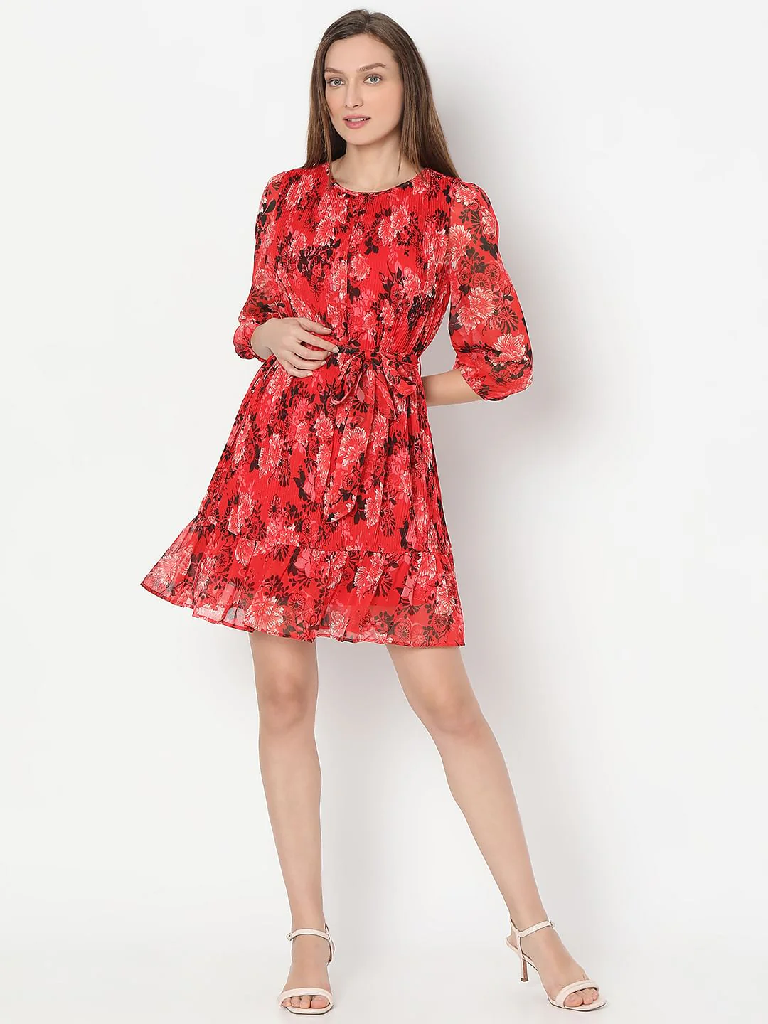 Red Floral Pleated Dress - Image 5