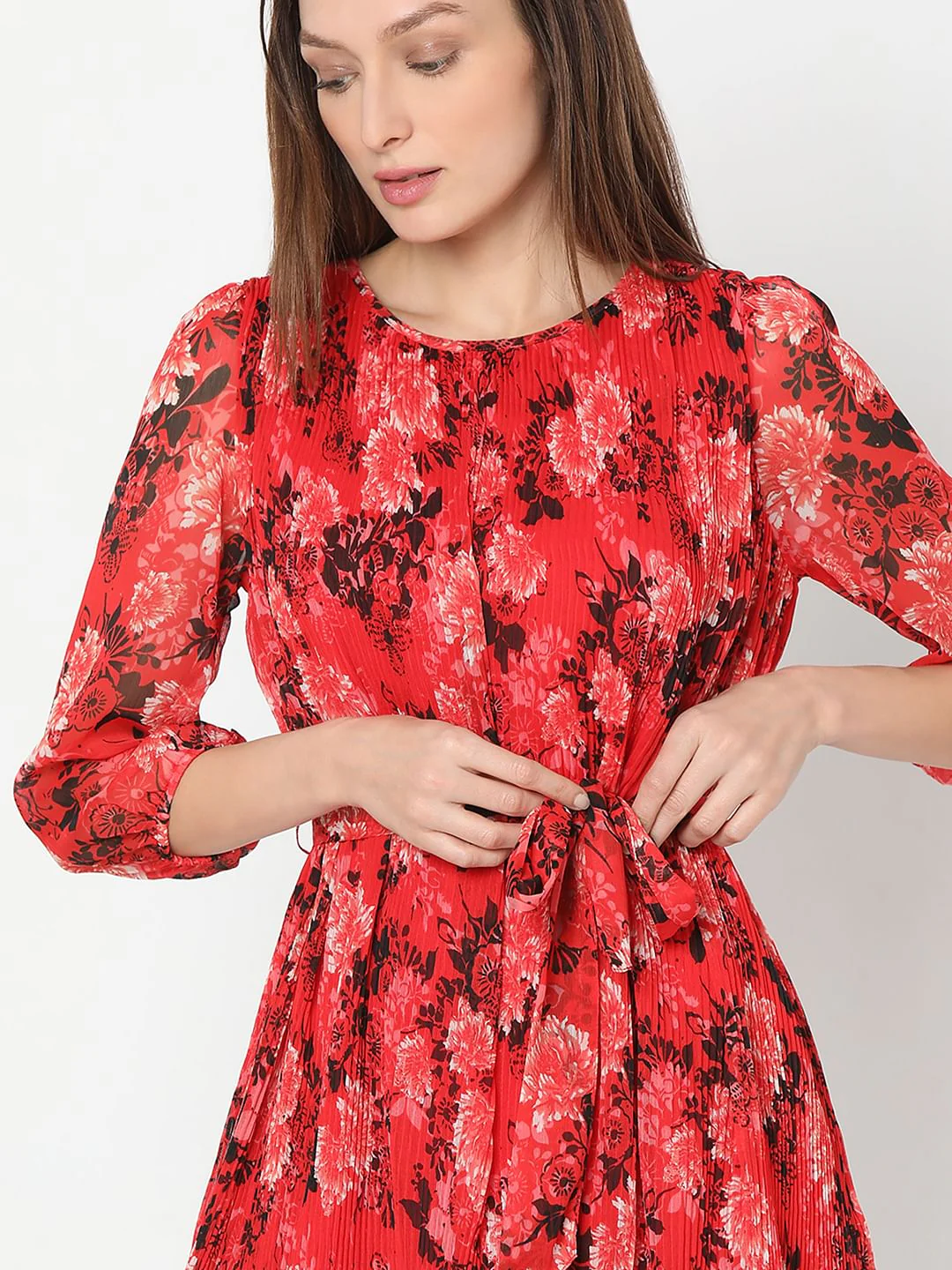 Red Floral Pleated Dress - Image 6