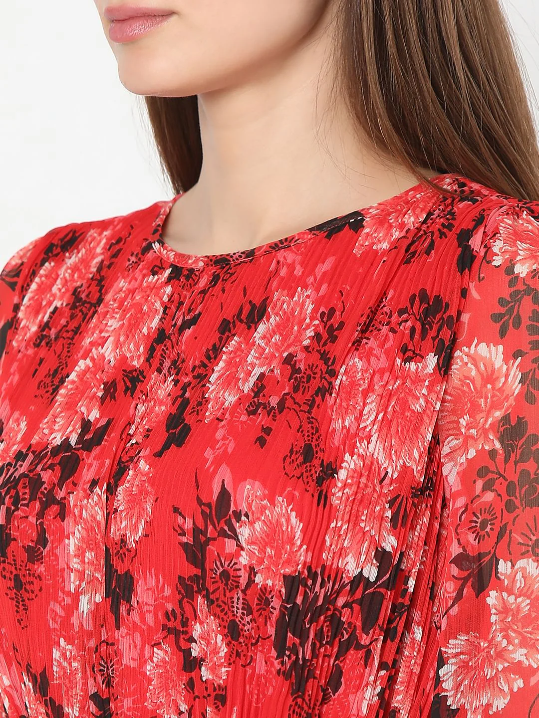 Red Floral Pleated Dress - Image 8