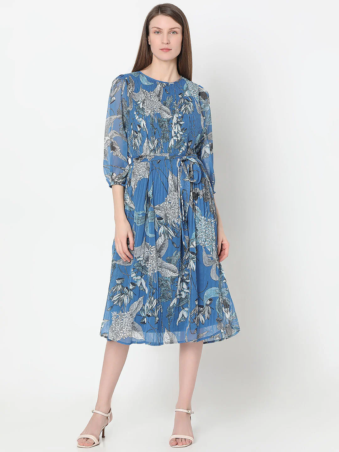 Blue Floral Pleated Midi Dress - Image 2