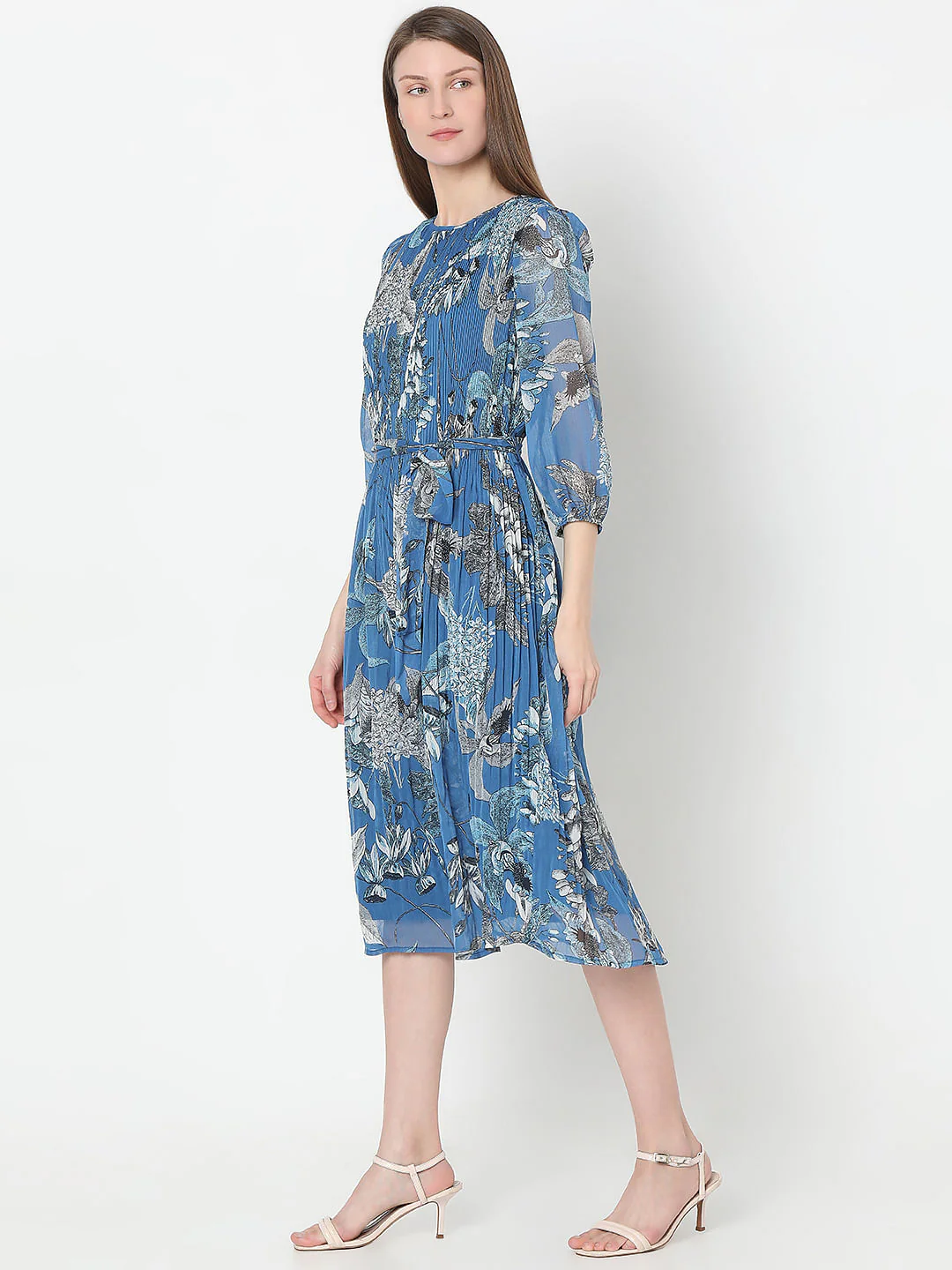 Blue Floral Pleated Midi Dress - Image 3