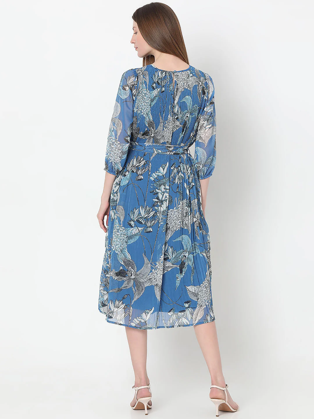 Blue Floral Pleated Midi Dress - Image 4