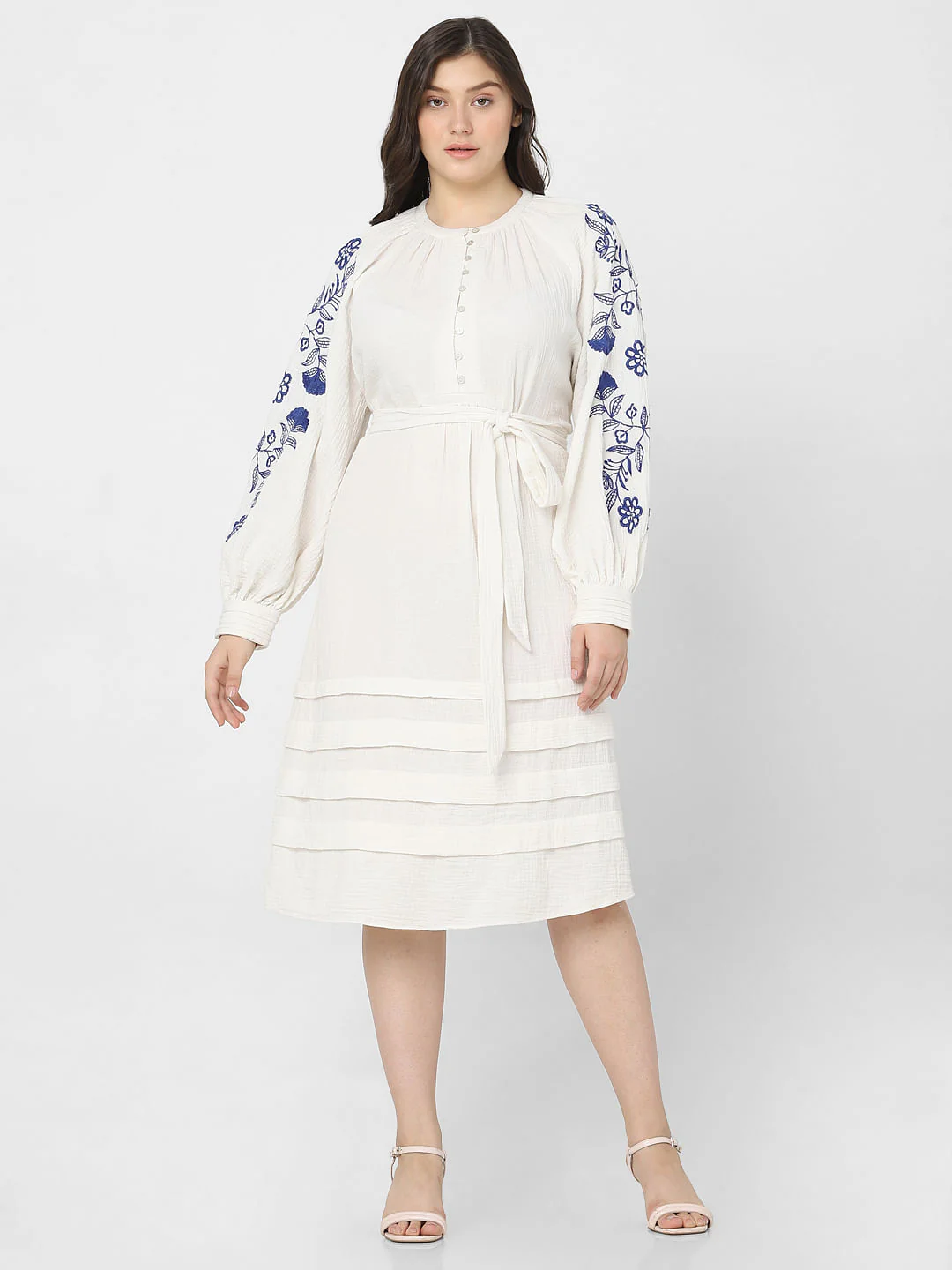 Curve White Embroidered Print Fit & Flare Dress - Image 2