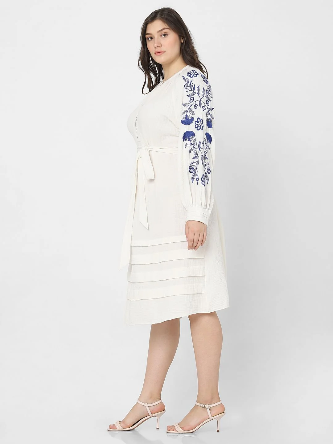 Curve White Embroidered Print Fit & Flare Dress - Image 3