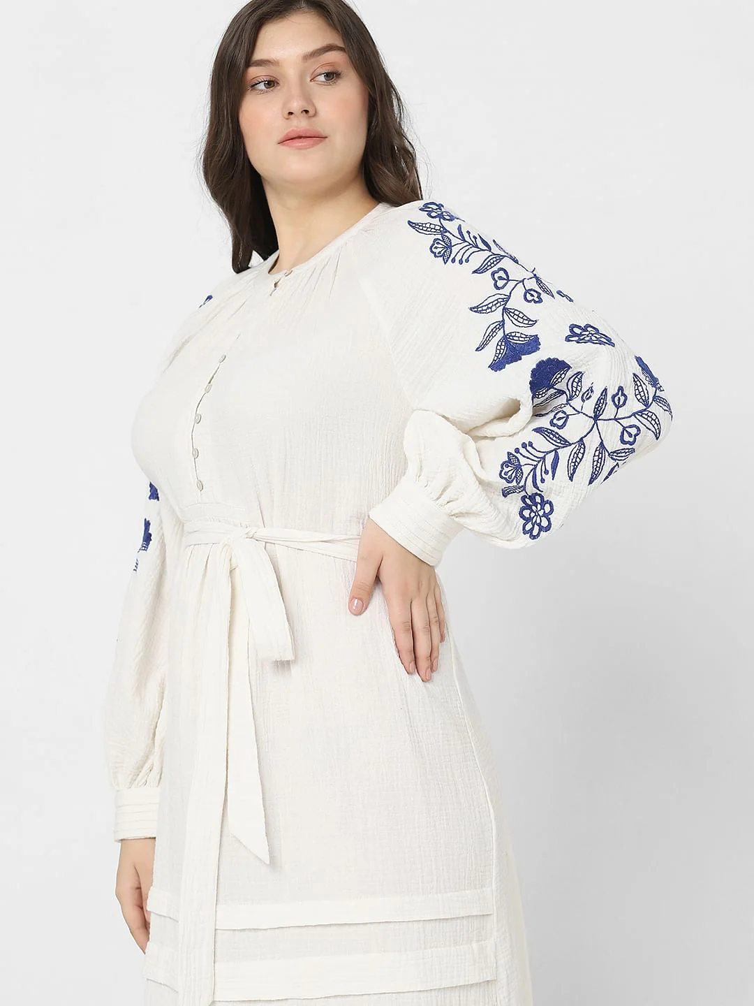 Curve White Embroidered Print Fit & Flare Dress - Image 7
