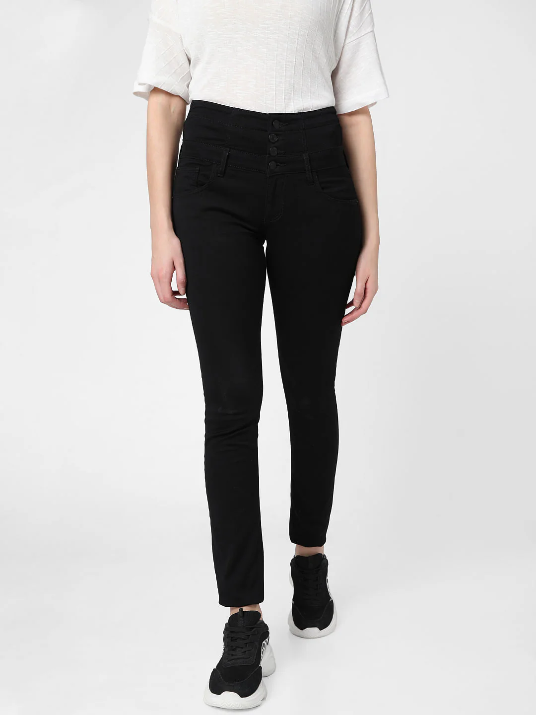 Black High Rise Corset Waist Skinny Jeans