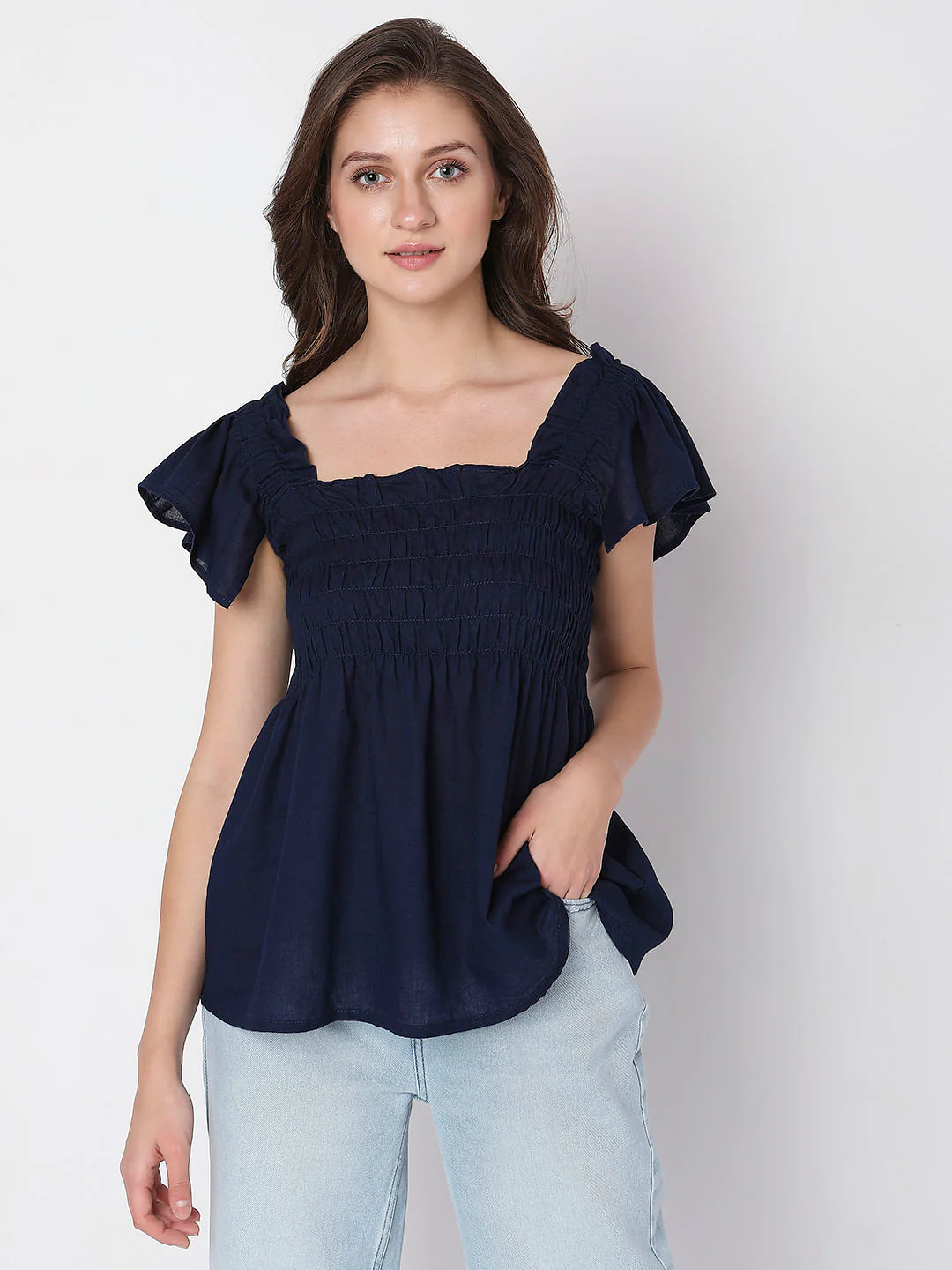 Navy Blue Smocked Top
