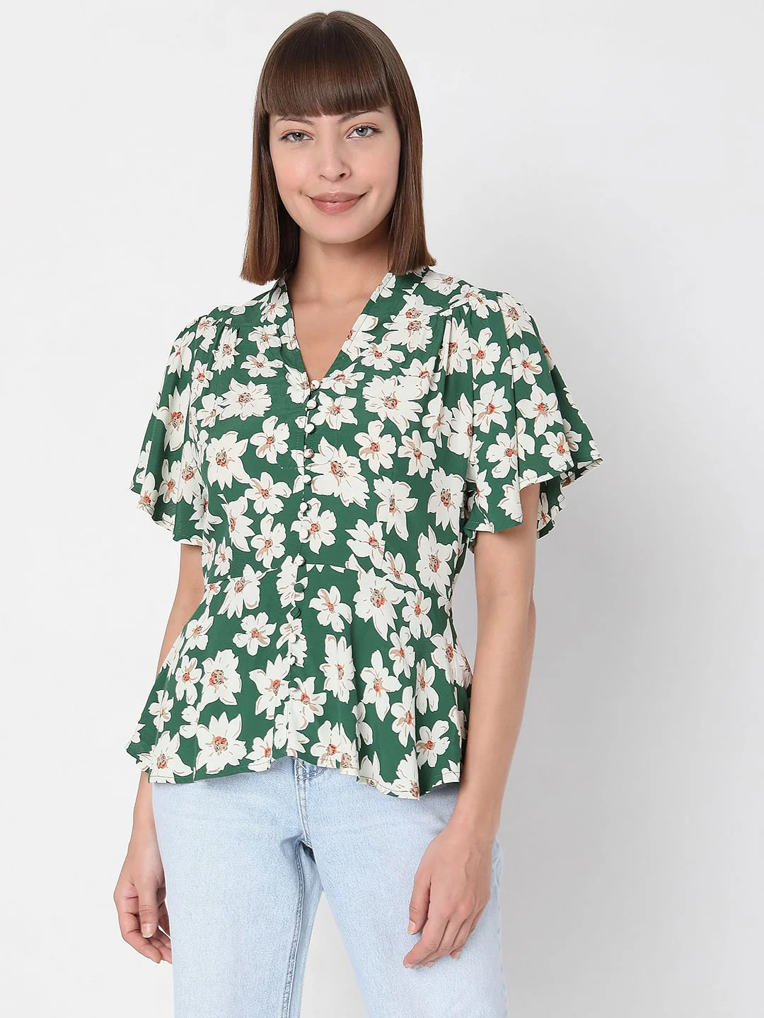 Green Floral Peplum Top - Image 2