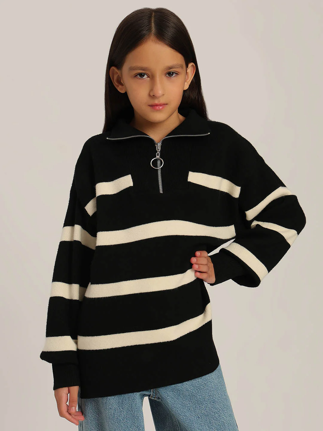 GIRLS Black & Beige Striped Sweater - Image 2