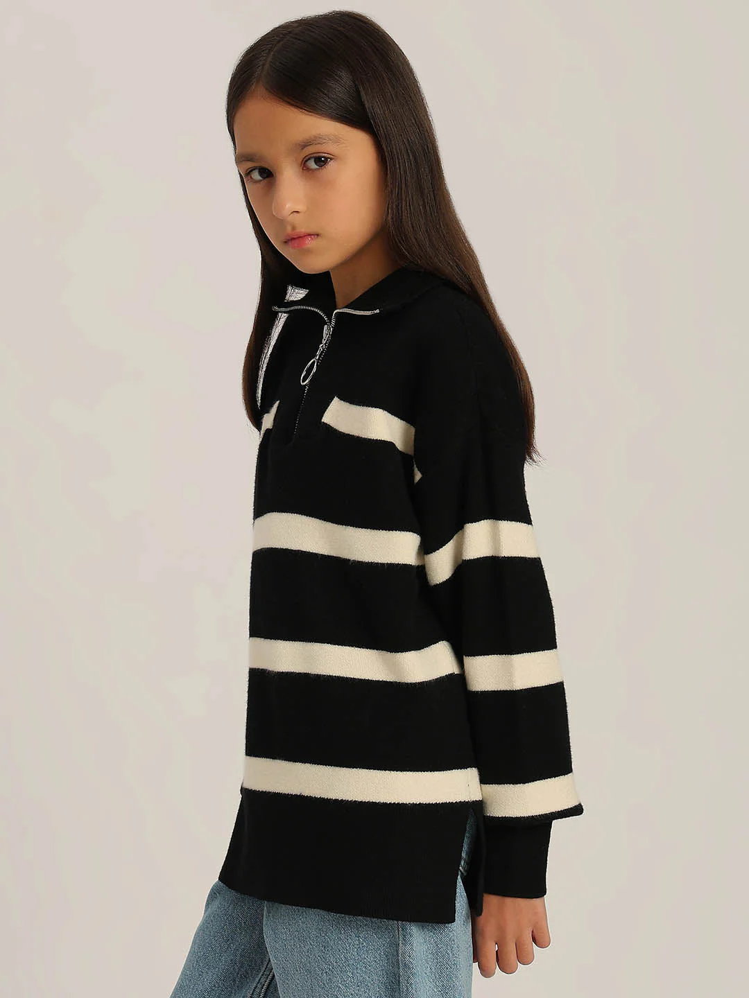 GIRLS Black & Beige Striped Sweater - Image 3