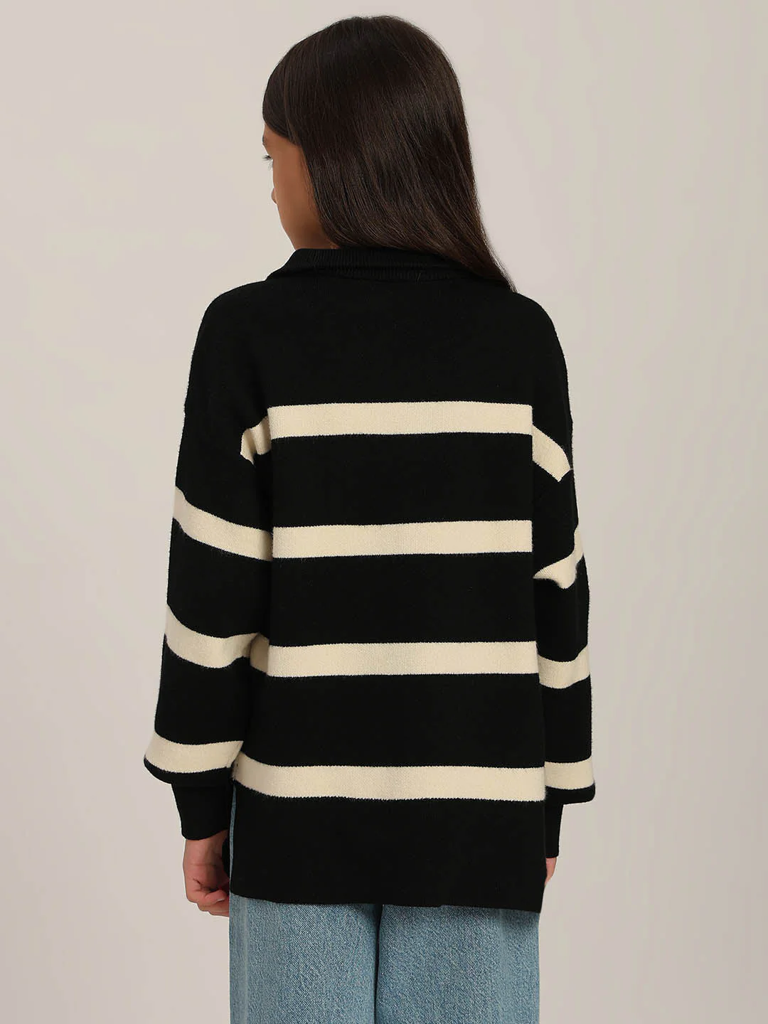 GIRLS Black & Beige Striped Sweater - Image 4