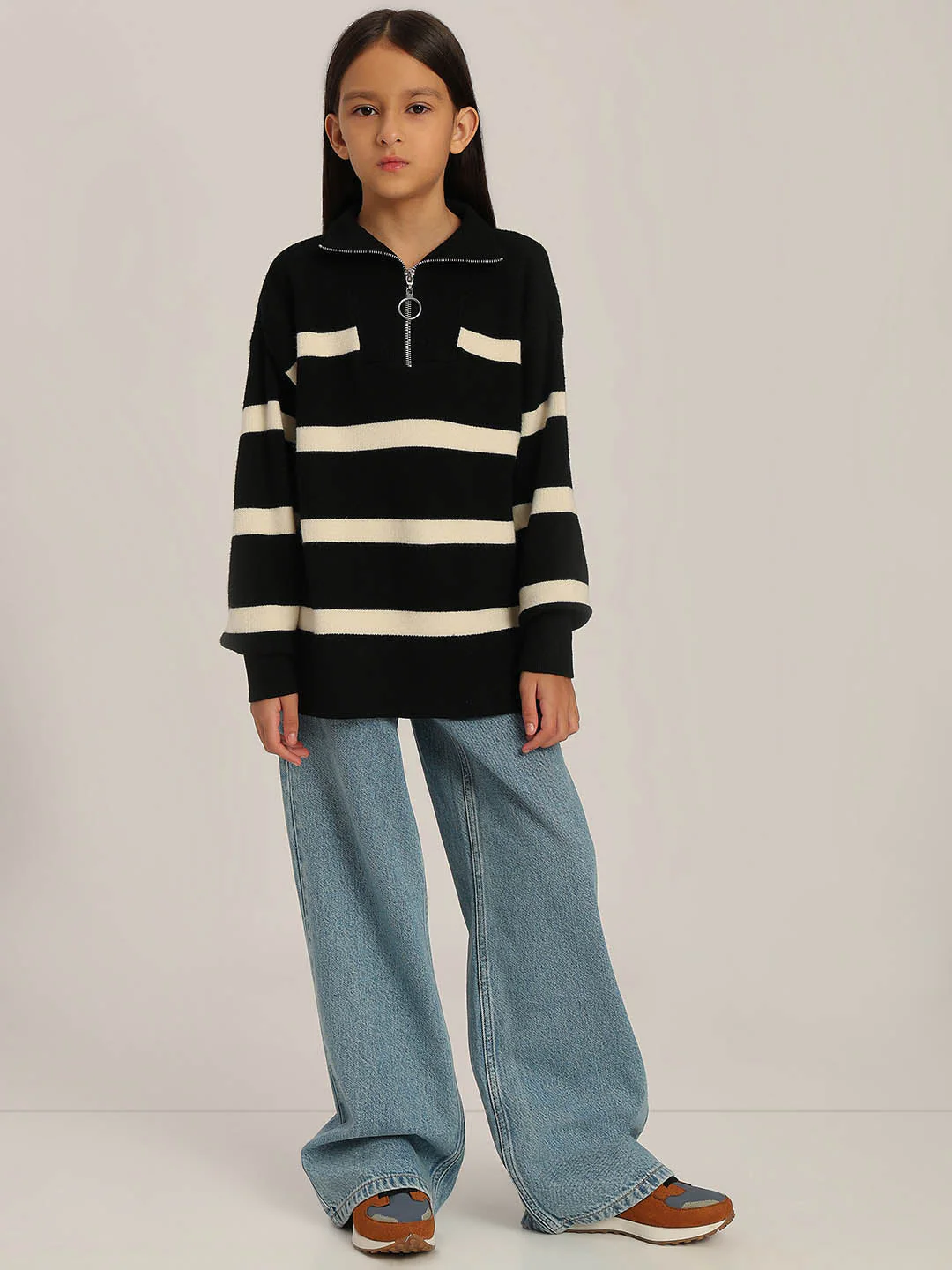 GIRLS Black & Beige Striped Sweater - Image 5