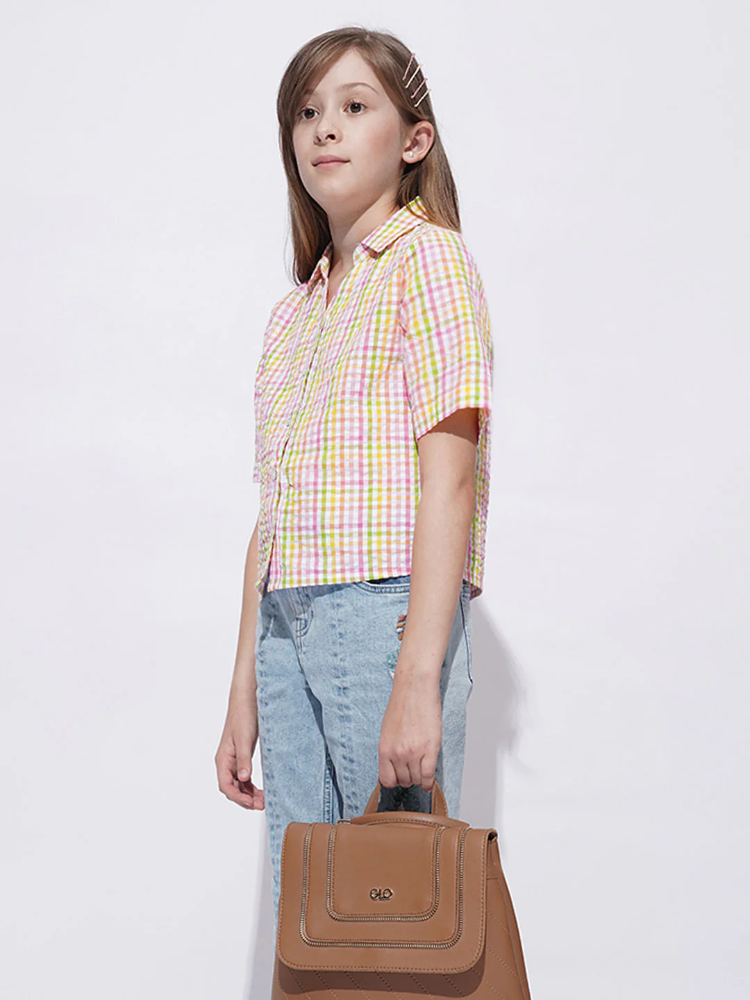 Girls White Cotton Check Shirt