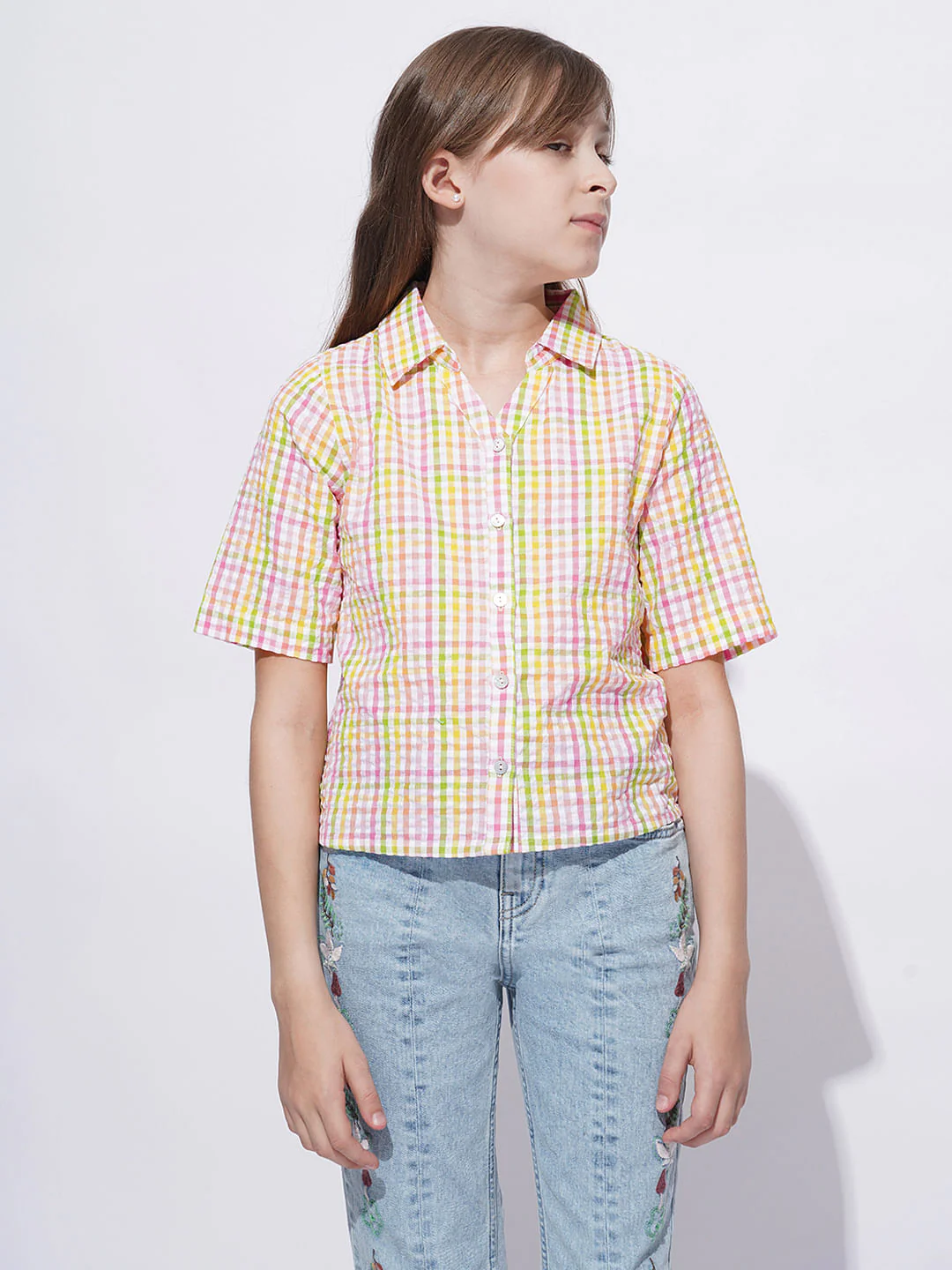 Girls White Cotton Check Shirt - Image 2