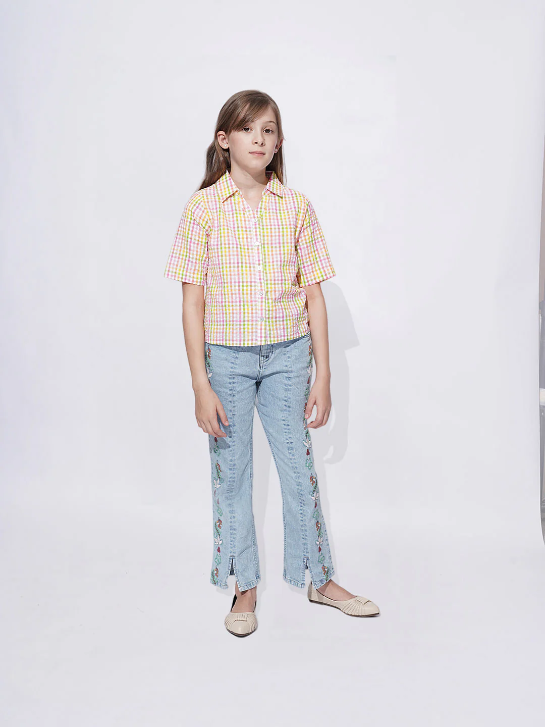 Girls White Cotton Check Shirt - Image 5