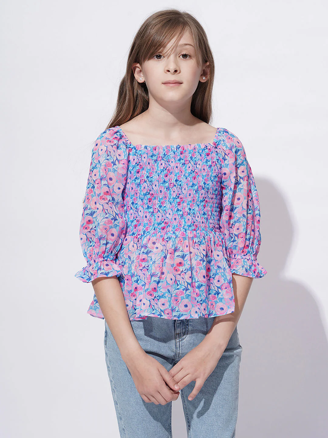 Girls Blue Floral Print Smock Top - Image 2