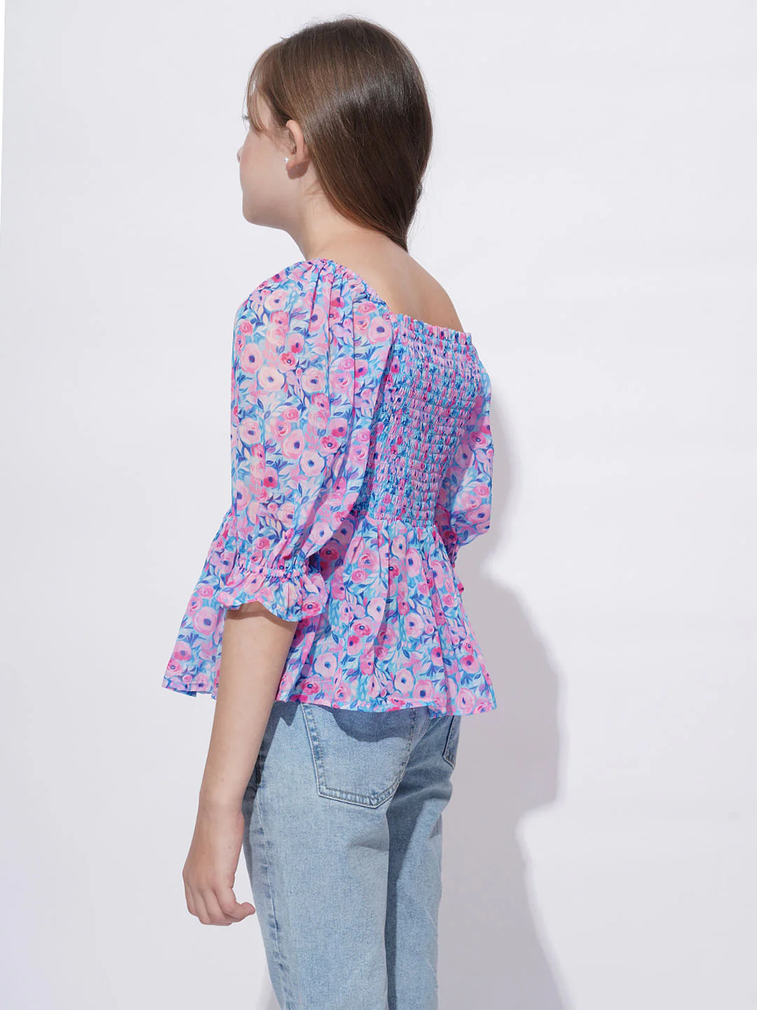 Girls Blue Floral Print Smock Top - Image 3