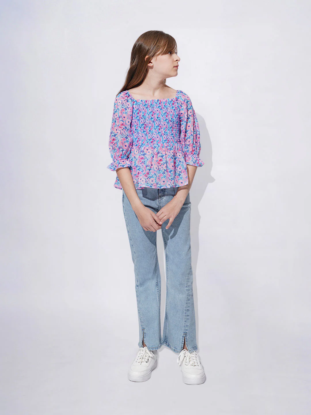 Girls Blue Floral Print Smock Top - Image 5