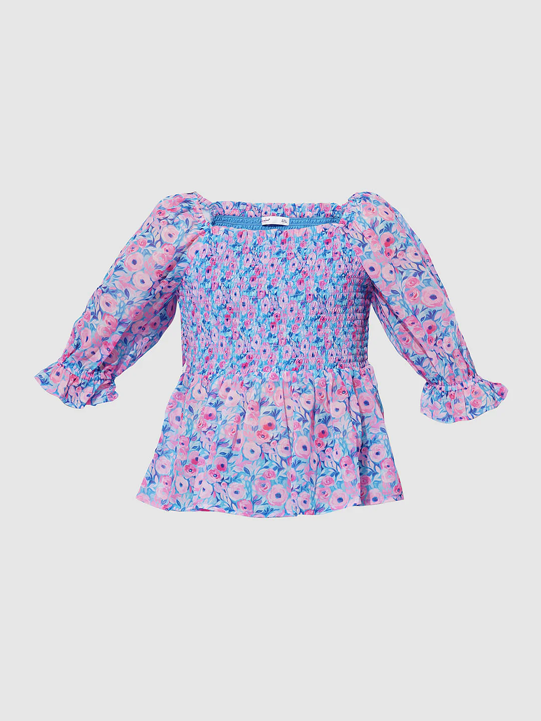 Girls Blue Floral Print Smock Top - Image 6
