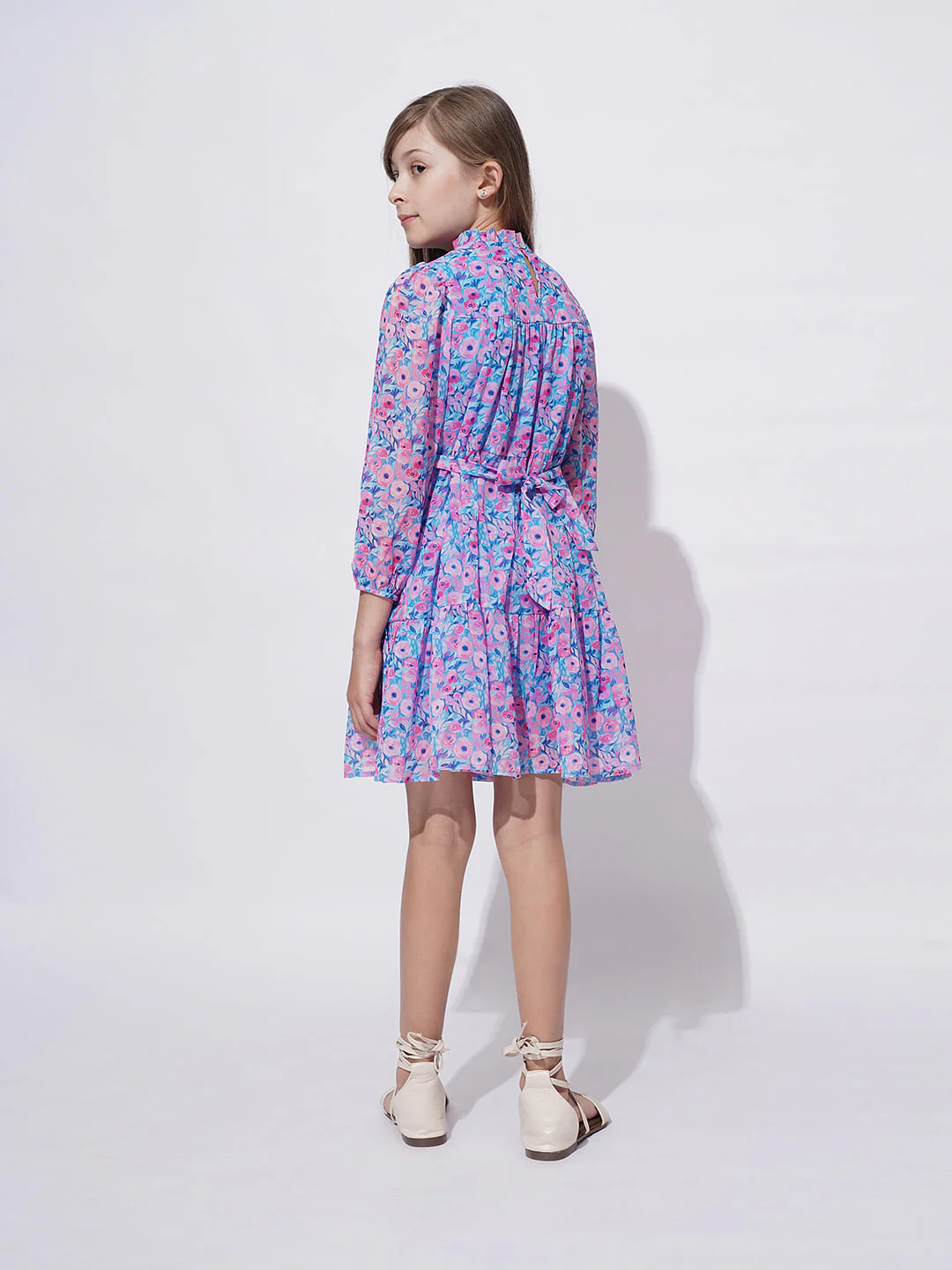 Girls Blue Floral Print Smock Dress - Image 3