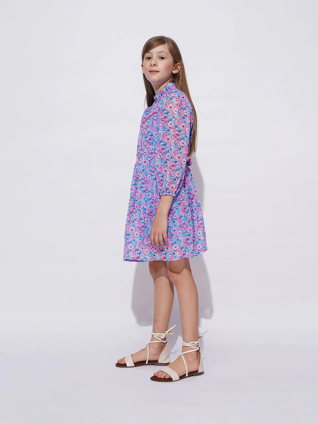 Girls Blue Floral Print Smock Dress - Image 5