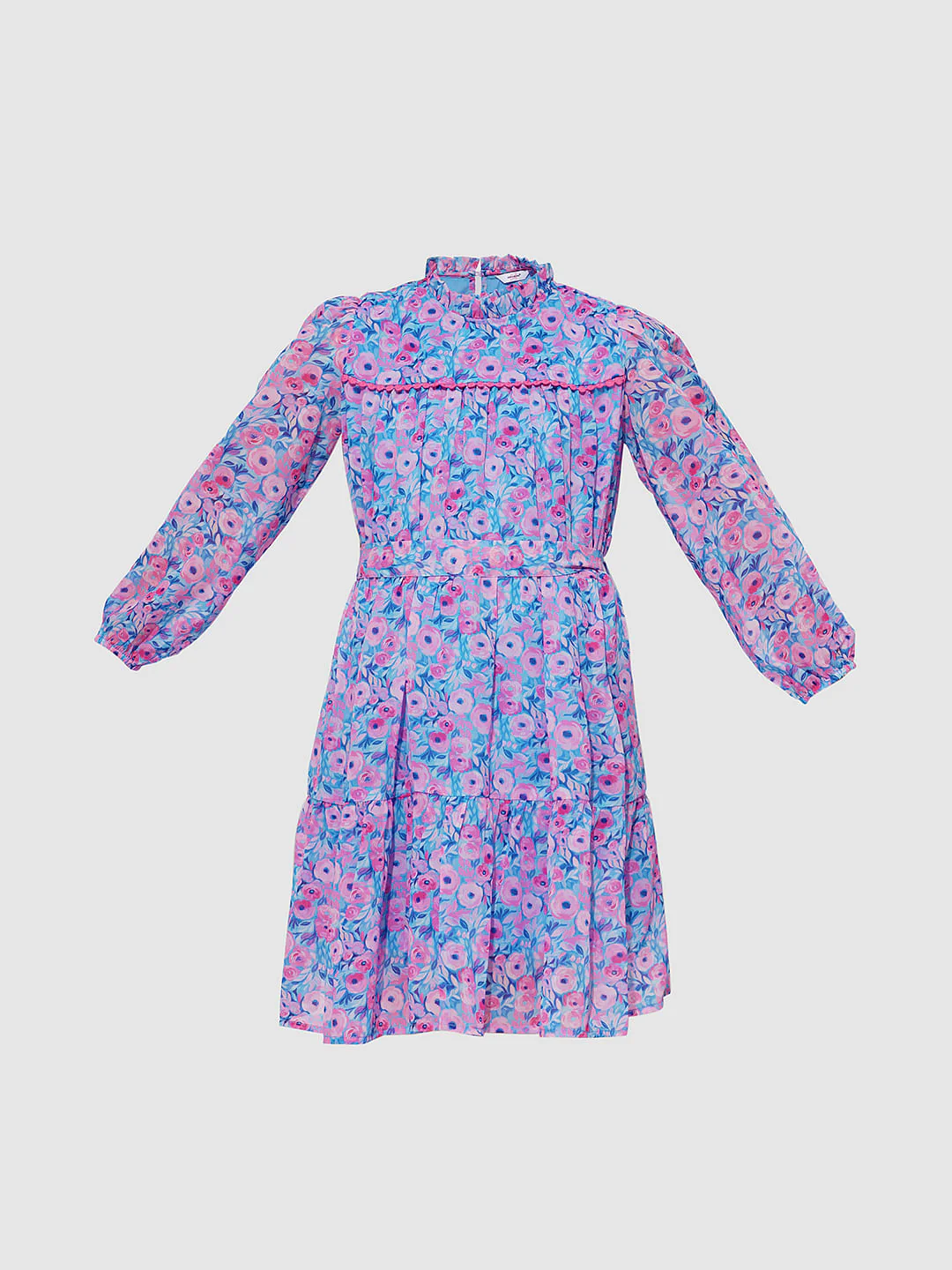 Girls Blue Floral Print Smock Dress - Image 6