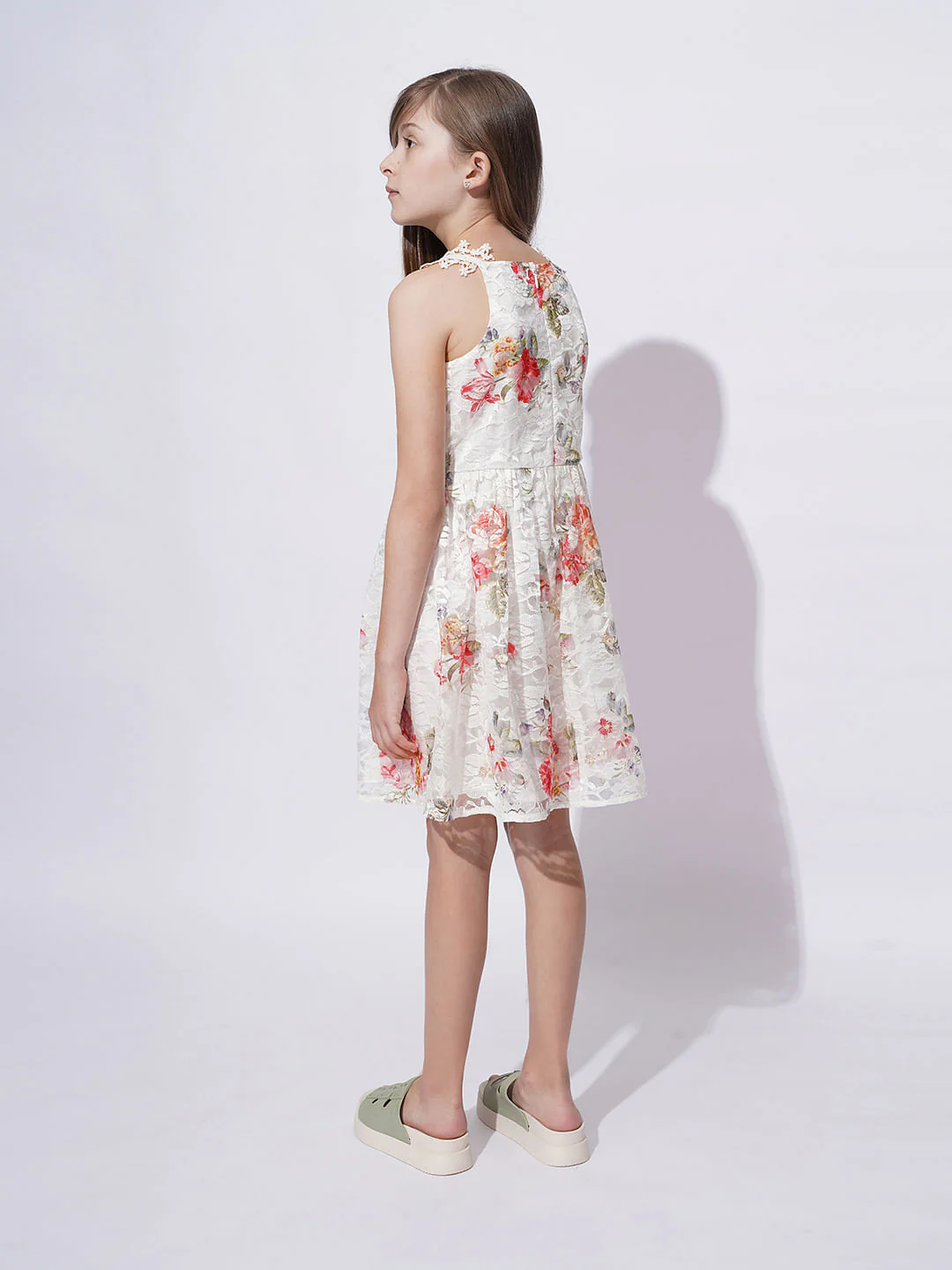 Girls White Floral Lace Dress - Image 3