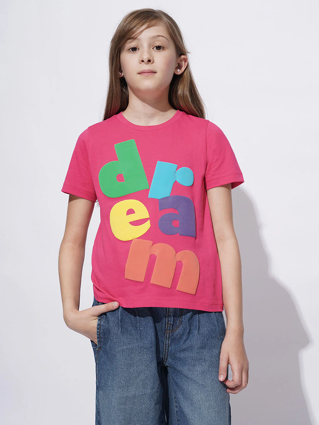 Girls Pink Cotton Typographic Print T-Shirt - Image 2