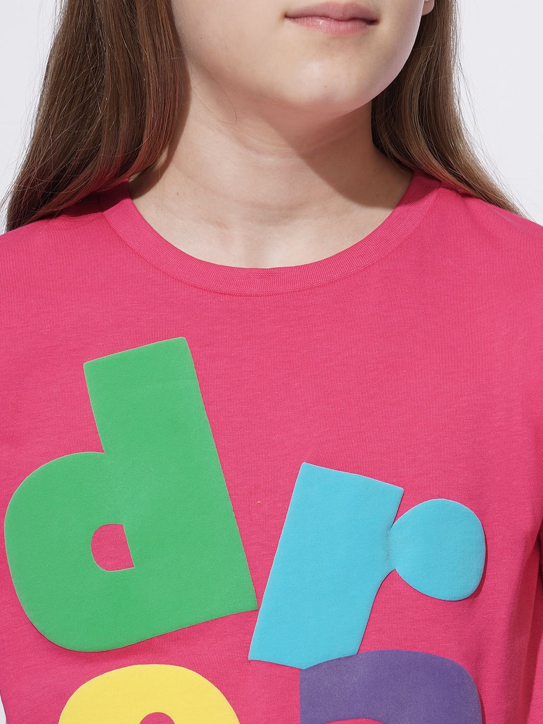 Girls Pink Cotton Typographic Print T-Shirt - Image 4