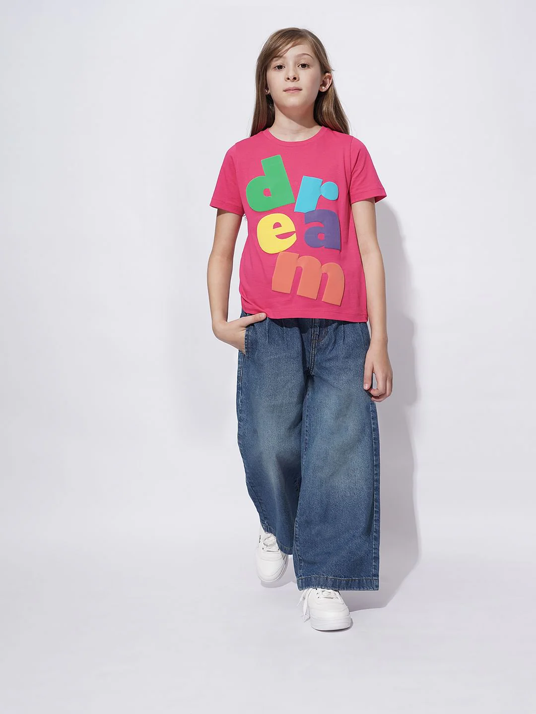 Girls Pink Cotton Typographic Print T-Shirt - Image 5