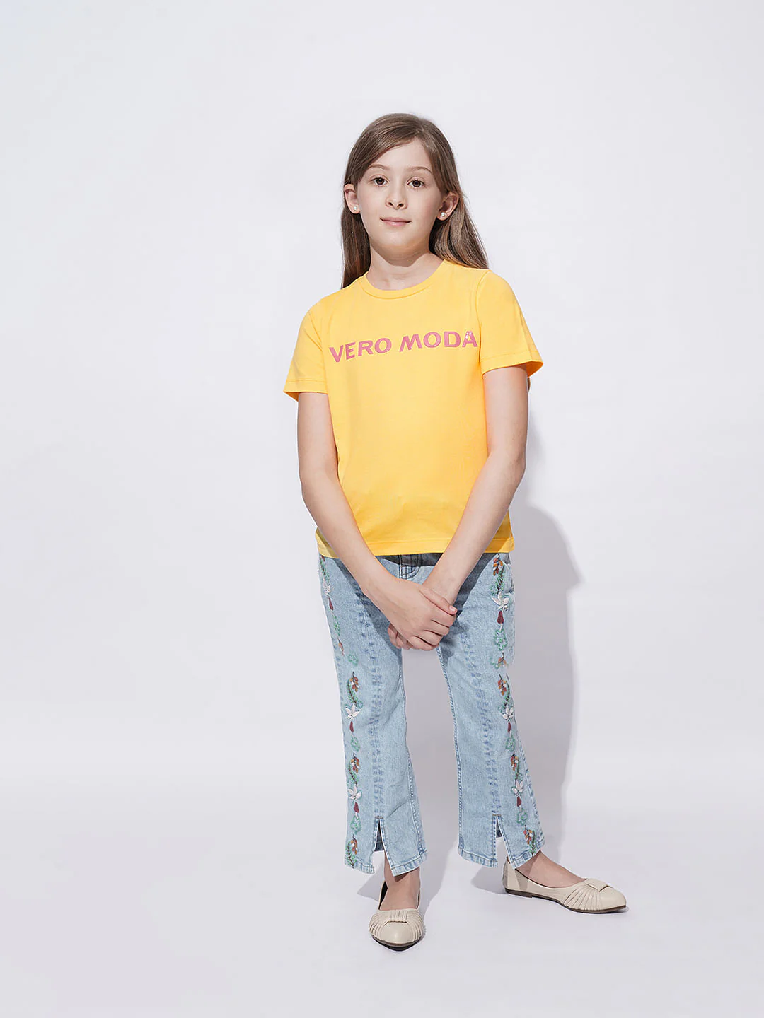 Girls Yellow Logo Print Cotton T-Shirt - Image 5