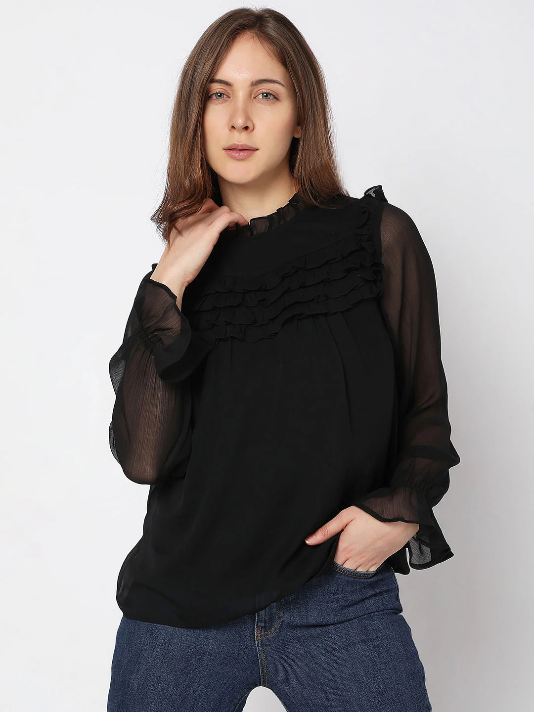 Black Ruffle Detail Top - Image 2