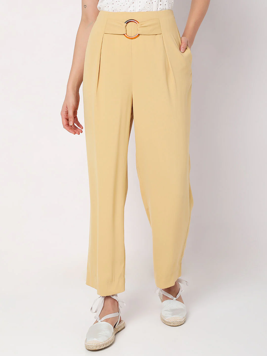 Yellow High Rise Buckle Detail Pants - Image 2