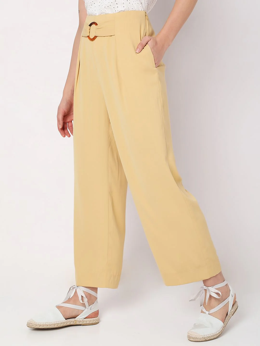 Yellow High Rise Buckle Detail Pants - Image 3