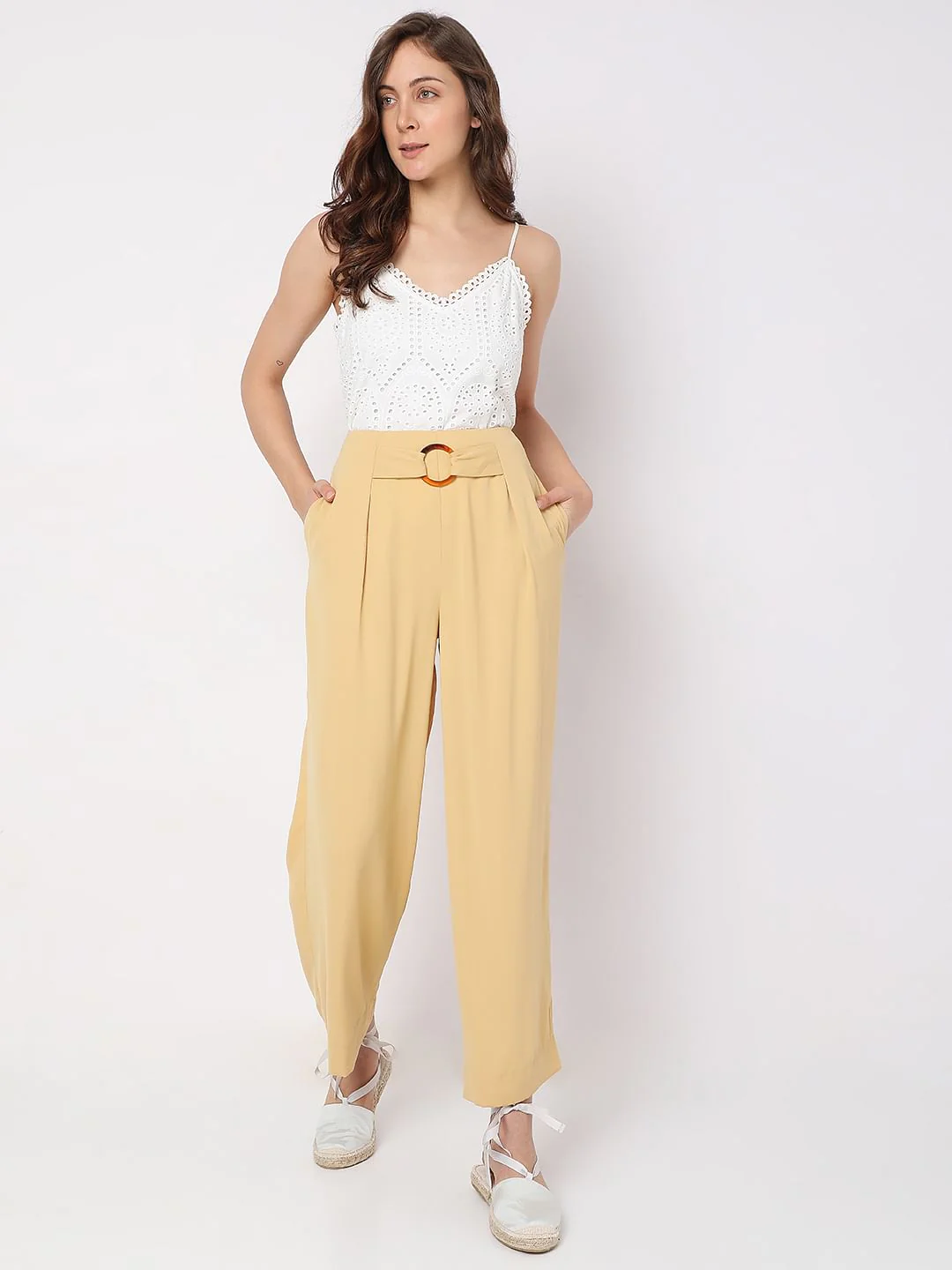 Yellow High Rise Buckle Detail Pants - Image 6