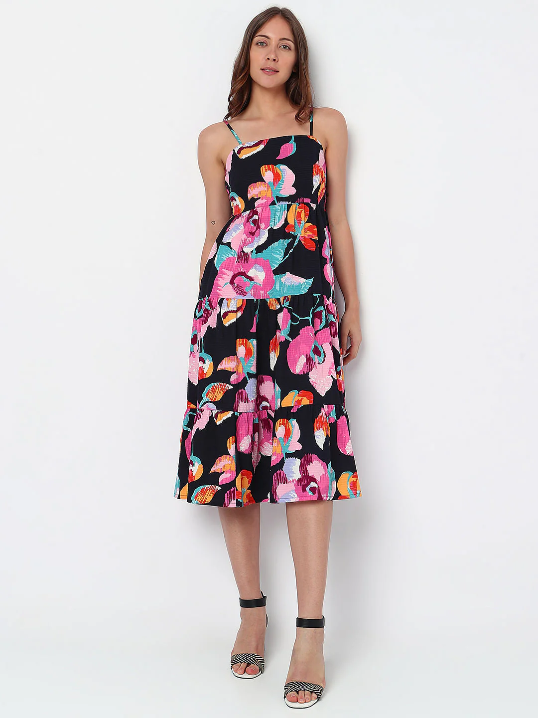 Black Floral Strappy Midi Dress - Image 2
