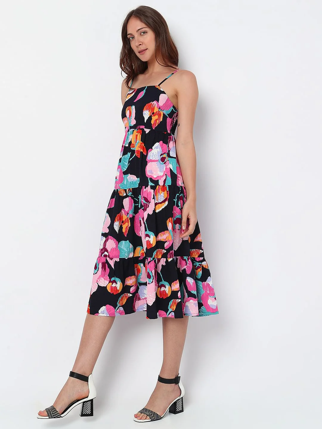 Black Floral Strappy Midi Dress - Image 3